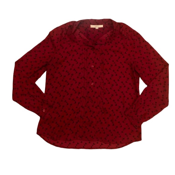 LOFT Wine colored button down shirt with black butterfly pattern, Medium - Picture 6 of 6